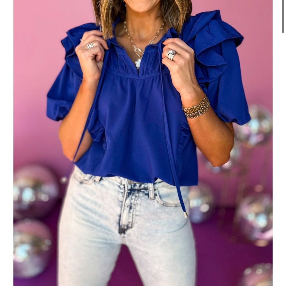 Royal Blue Frilled Tie Neck Bubble Ruffle Sleeve Top
